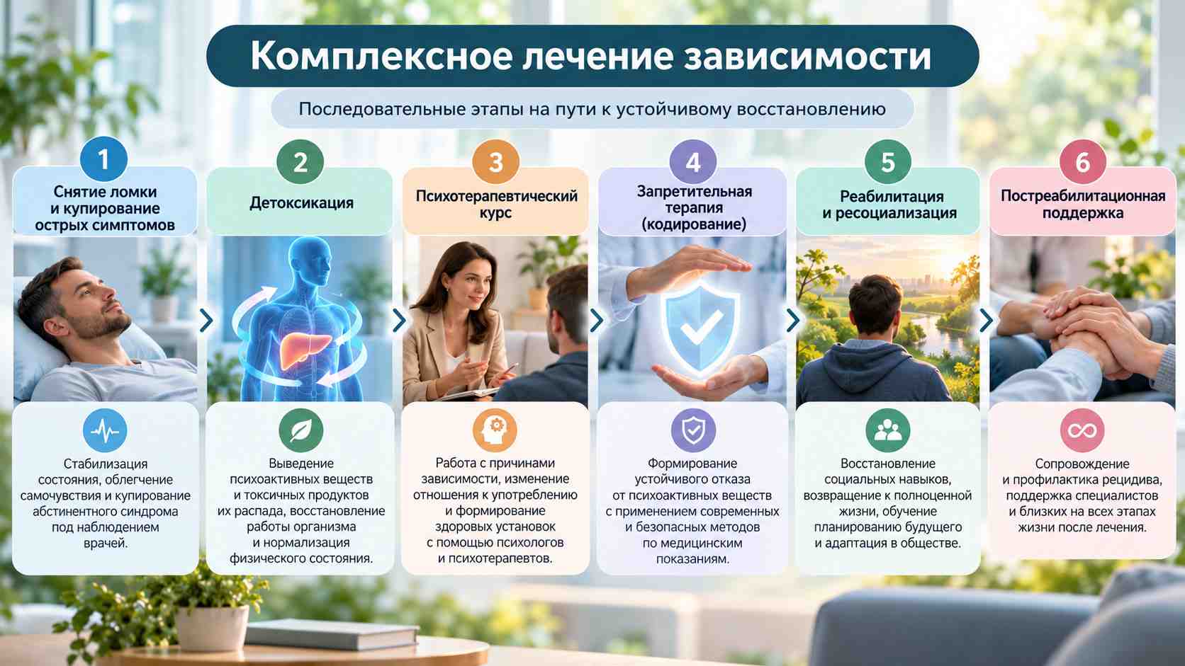 Шесть этапов комплексного лечения зависимости: снятие абстинентного синдрома, детоксикация, психотерапия, кодирование, реабилитация и поддержка.
